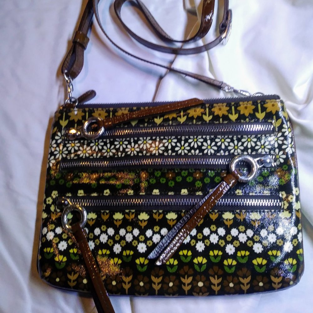 Vintage Brighton triple zip crossbody field of flowers design vintage
